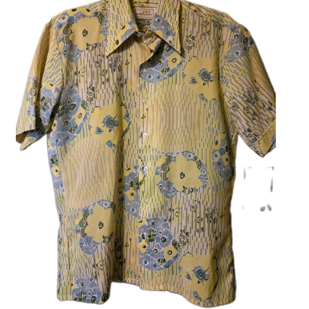 Vintage Carl Michaels Shirt Men's Medium Floral Polyester Dagger Disco Collar